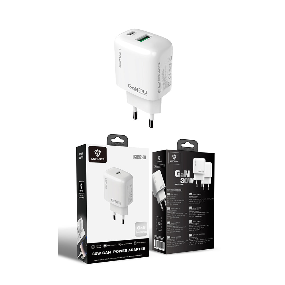 Lenyes LCH92 Type-C GaN Teknolojili PD Hızlı Şarj Özellikli Şarj Başlığı 30W Beyaz