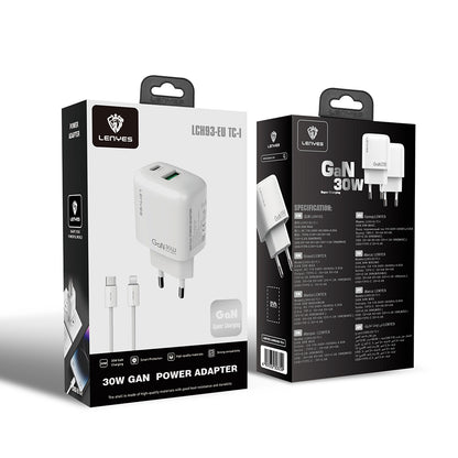 Lenyes LCH93-TC-L Type-C to Lightning GaN Teknolojili PD ve USB Hızlı Şarj Özellikli Şarj Seti 30W Beyaz