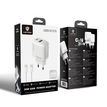 Lenyes LCH93-TC-TC Type-C to Type-C GaN Teknolojili PD ve USB Hızlı Şarj Özellikli Şarj Seti 30W Beyaz