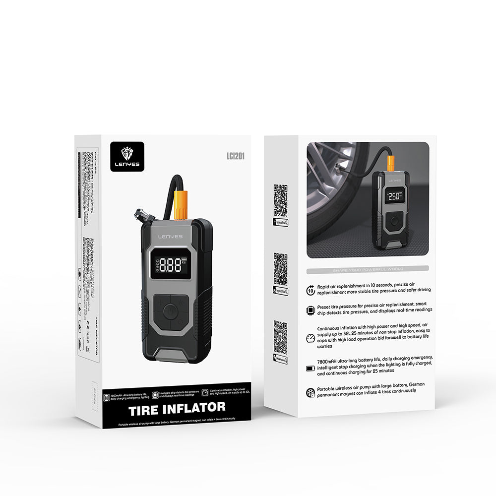 Lenyes LCI201 Oto Araç Lastik Şişirme Pompası Çok Modlu Dijital Ekranlı Araç Hava Kompresörü Siyah
