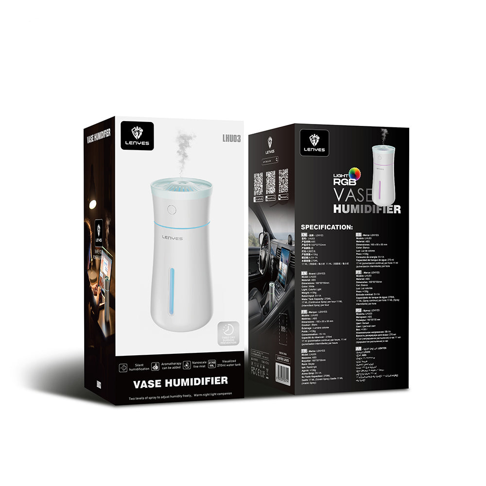 Lenyes LHU03 Vazo Tipi RGB Atmosfer Işıklı Nano Sprey Sessiz Hava Nemlendirici Beyaz
