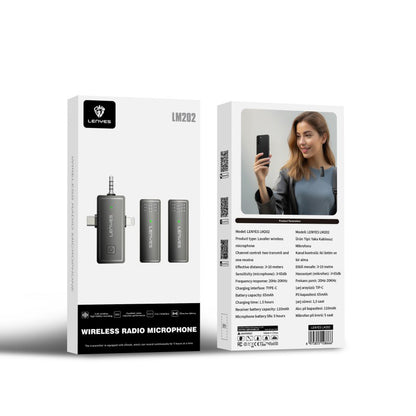 Lenyes LM202 3in1 Type-C&Lightning&3,5mm Portlu Kablosuz Yaka Mikrofonu Siyah