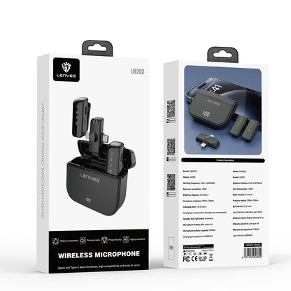 Lenyes LM203 2in1 Type-C ve Lightning Portlu Kablosuz Yaka Mikrofonu Siyah