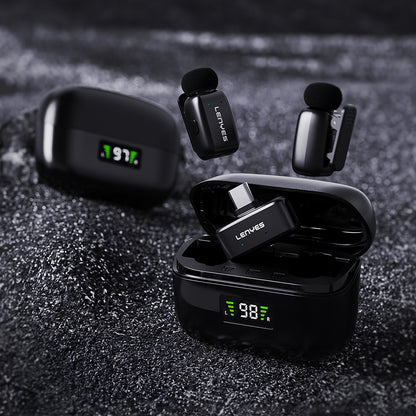 Lenyes LM206 Dijital LED Göstergeli Type-C Portlu Kablosuz Yaka Mikrofonu Siyah