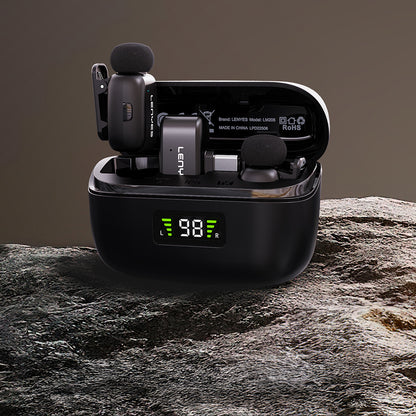 Lenyes LM206 Dijital LED Göstergeli Type-C Portlu Kablosuz Yaka Mikrofonu Siyah