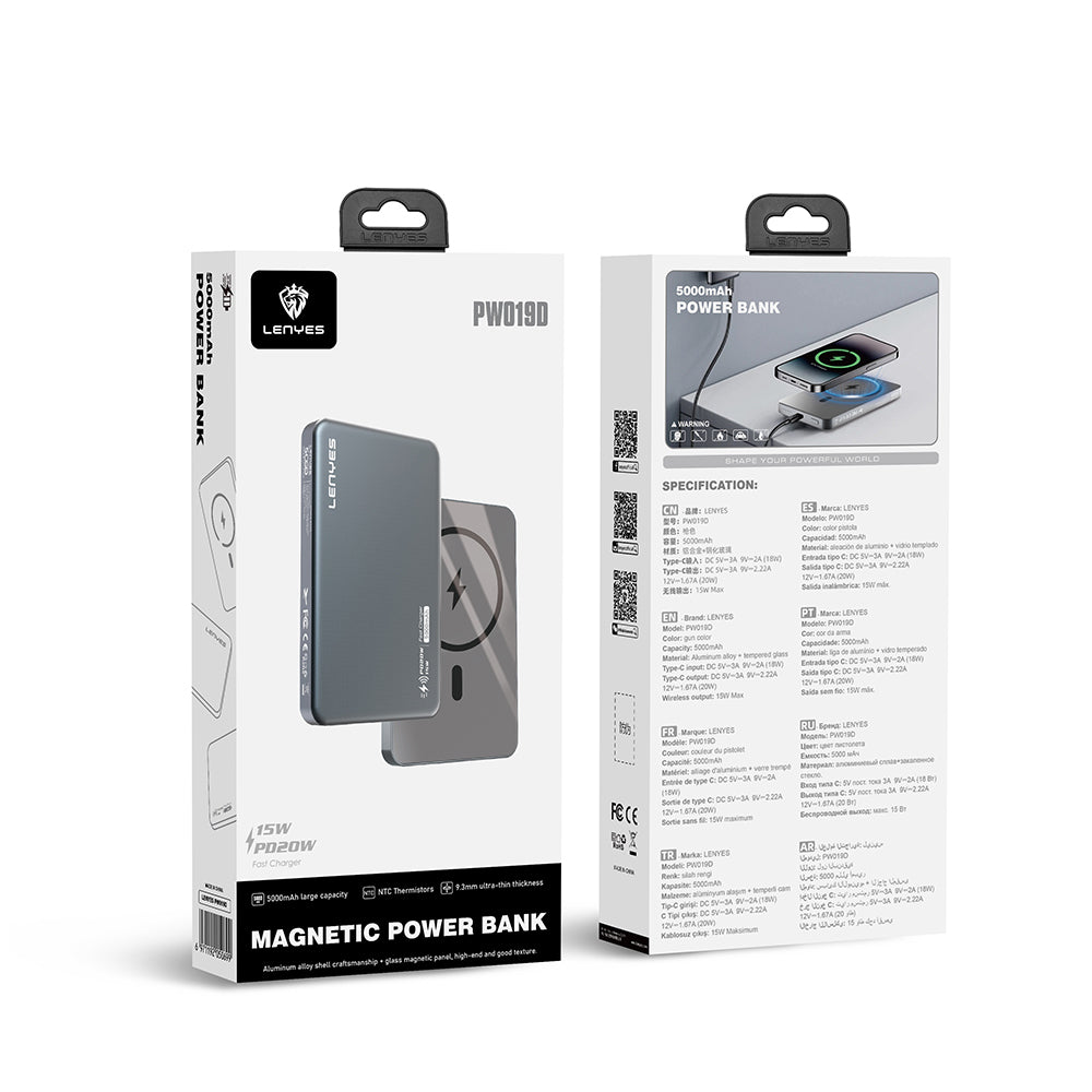 Lenyes PW019D PD 20W Ultra İnce Hızlı Şarj Özellikli Wireless Powerbank 15W 5000mAh Füme