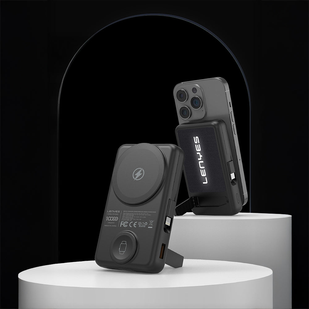 Lenyes PW1003D 22.5W Dijital LED Ekranlı Akıllı Saat Kablosuz Şarj Özellikli Standlı Wireless Powerbank 15W 10000mAh Siyah