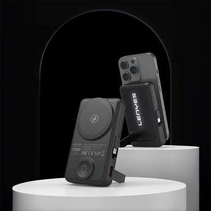 Lenyes PW1003D 22.5W Dijital LED Ekranlı Akıllı Saat Kablosuz Şarj Özellikli Standlı Wireless Powerbank 15W 10000mAh Siyah
