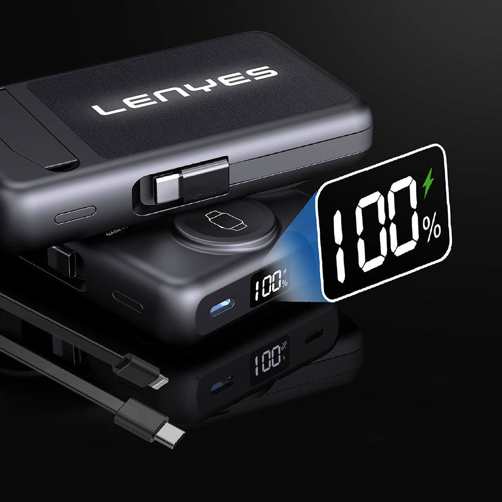 Lenyes PW1003D 22.5W Dijital LED Ekranlı Akıllı Saat Kablosuz Şarj Özellikli Standlı Wireless Powerbank 15W 10000mAh Siyah