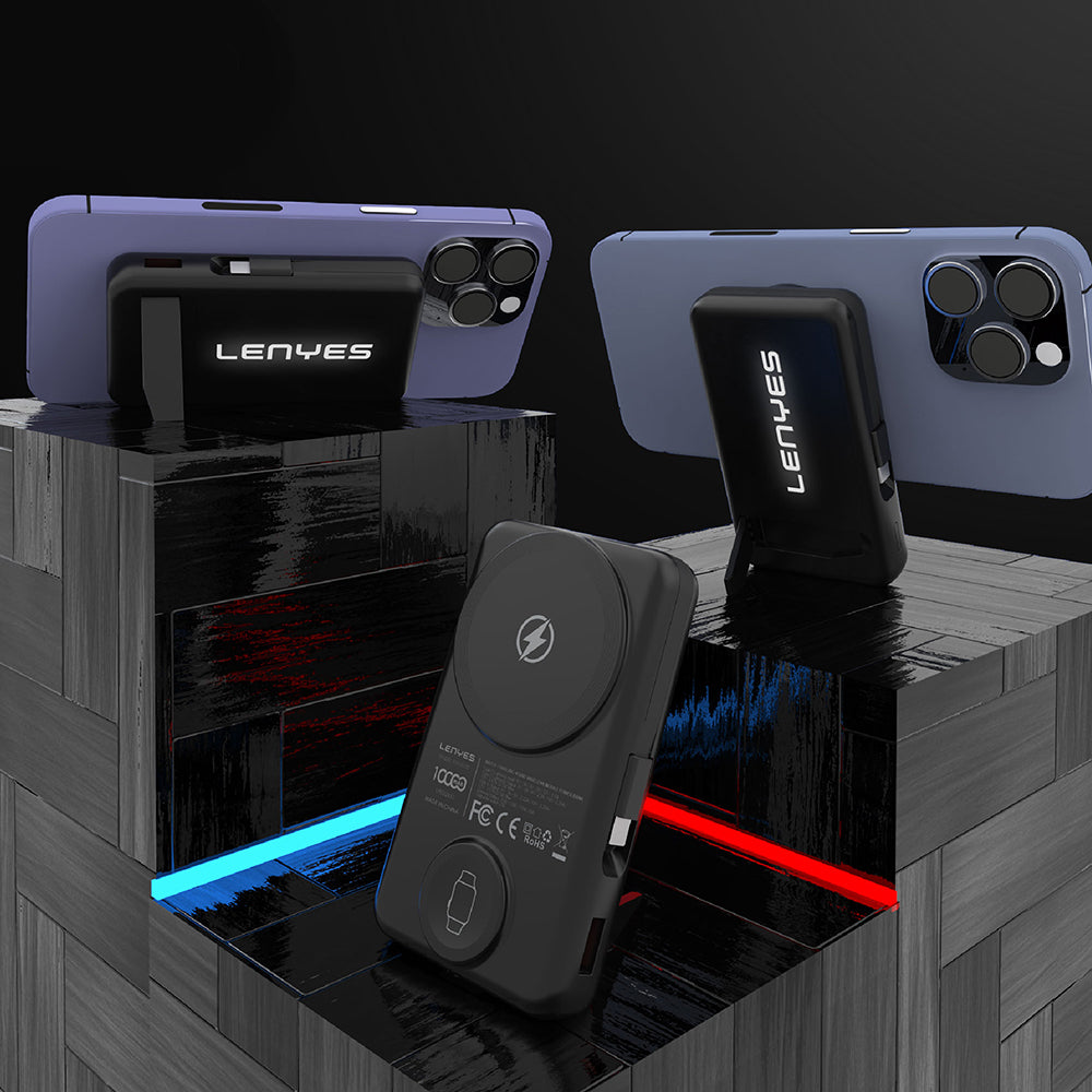 Lenyes PW1003D 22.5W Dijital LED Ekranlı Akıllı Saat Kablosuz Şarj Özellikli Standlı Wireless Powerbank 15W 10000mAh Siyah