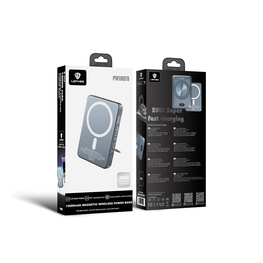 Lenyes PW1007D 20W Dijital LED Ekranlı Yüzük Standlı Wireless Powerbank 15W 10000mAh Füme
