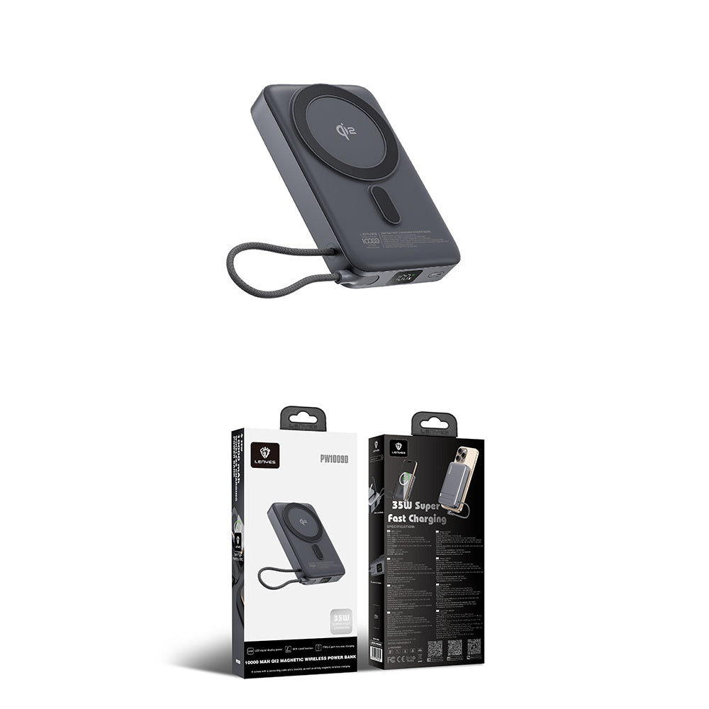 Lenyes PW1009D PD 35W Qi2 Teknolojili Type-C Kablolu Standlı Wireless Powerbank 15W 10000mAh Gri