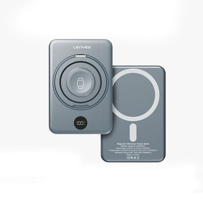 Lenyes PW1010D PD 20W Dijital LED Göstergeli Akıllı Saat Kablosuz Şarj Özellikli Standlı Wireless Powerbank 15W 10000mAh Gri