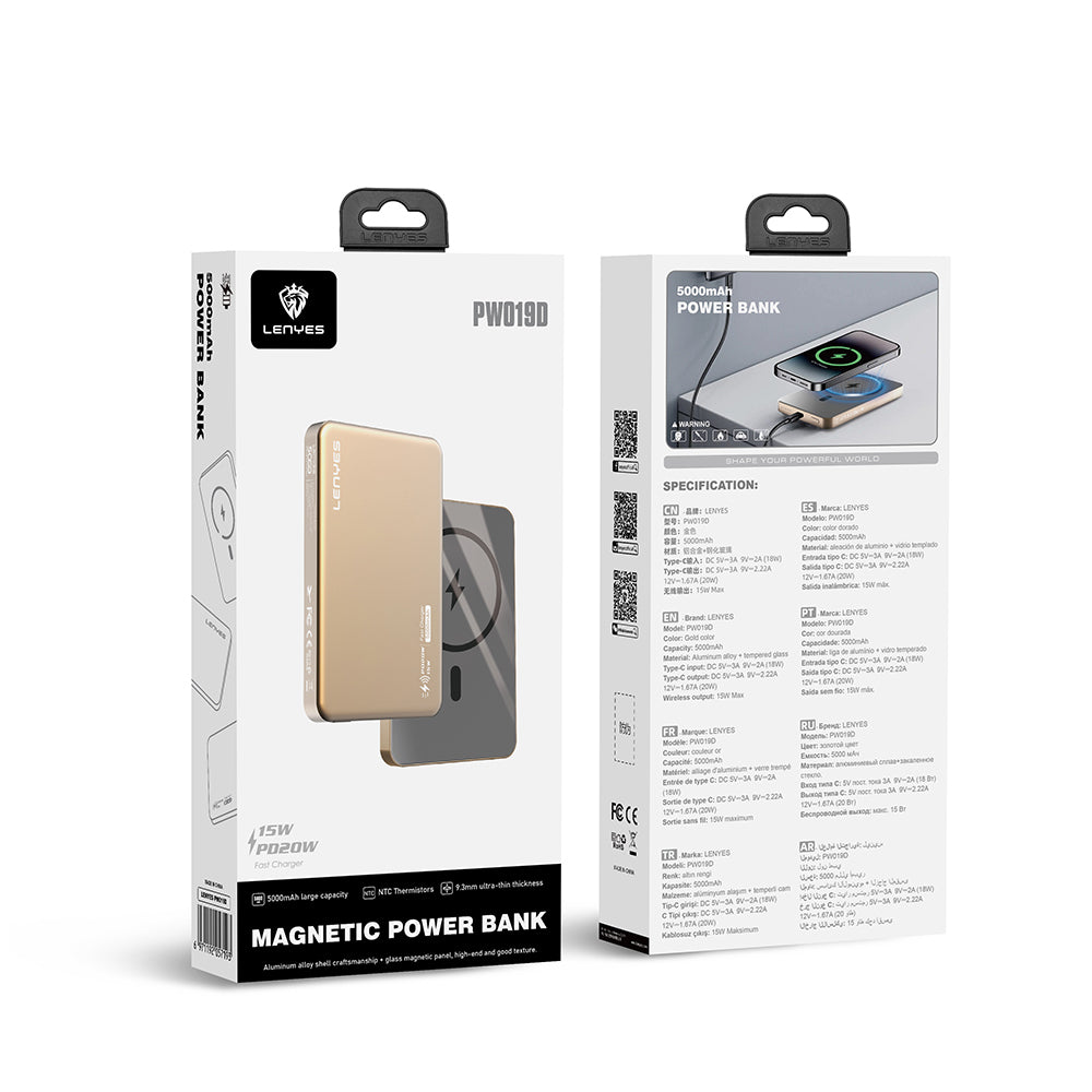 Lenyes PW119D PD 20W Ultra İnce Hızlı Şarj Özellikli Wireless Powerbank 15W 10.000mAh Gold