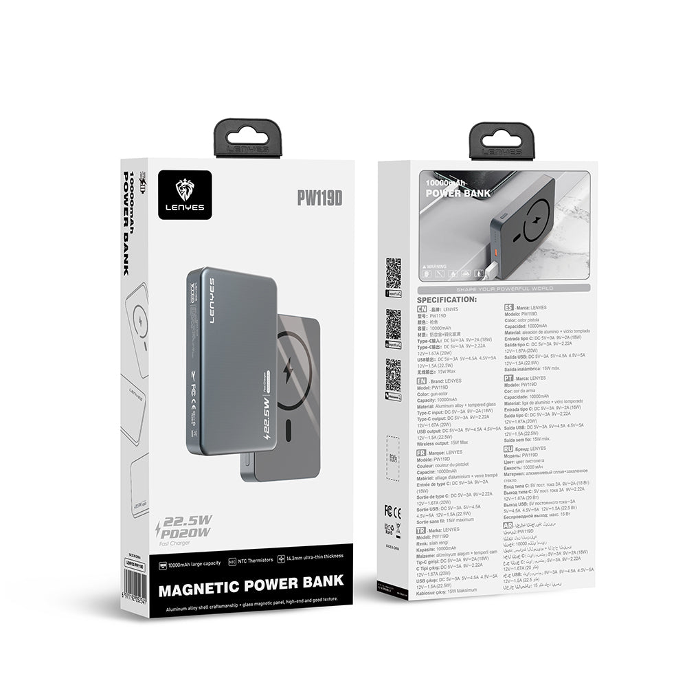 Lenyes PW119D PD 20W Ultra İnce Hızlı Şarj Özellikli Wireless Powerbank 15W 10.000mAh Füme