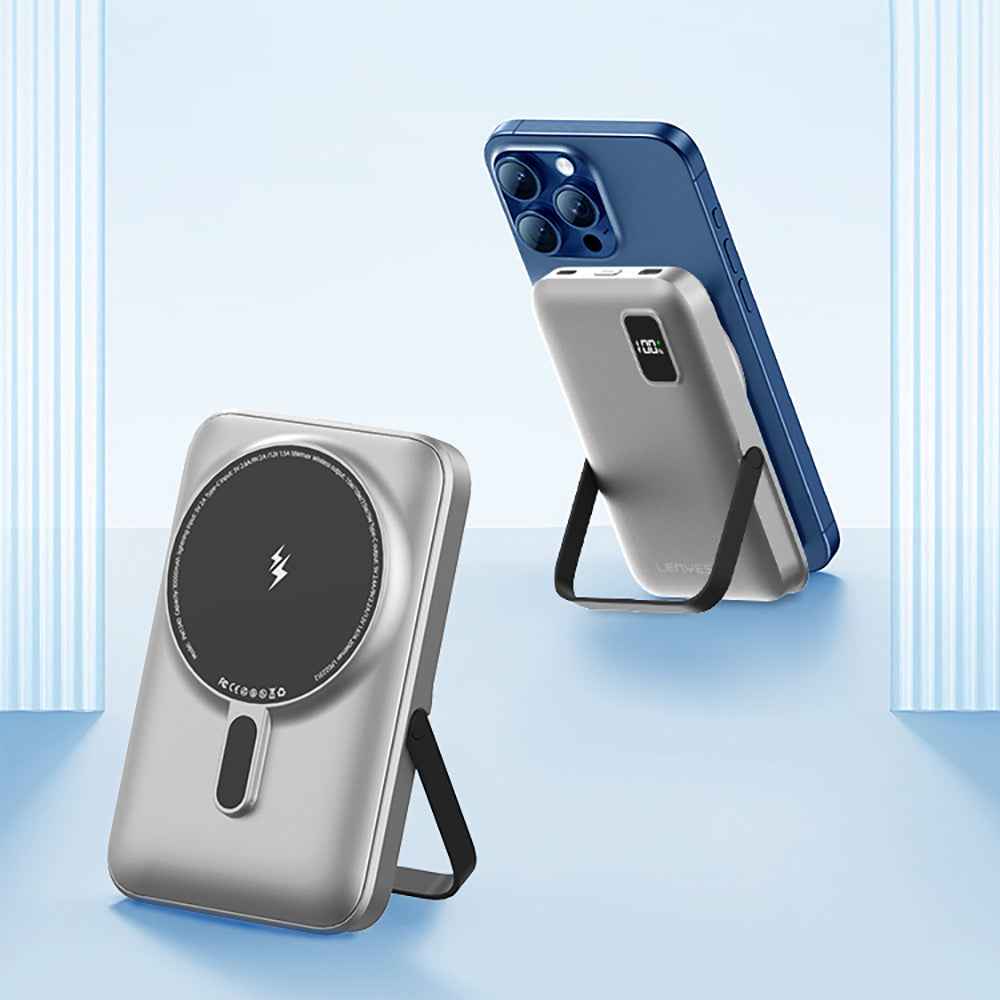 Lenyes PW134D 20W Ultra İnce Dijital LED Ekranlı Standlı Wireless Powerbank 15W 10000mAh Gümüş