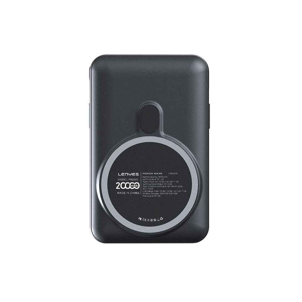 Lenyes PW222D Dijital LED Göstergeli Kablosuz Şarj Özellikli Type-C ve Lightning Kablolu Powerbank 18W 20.000mAh Siyah