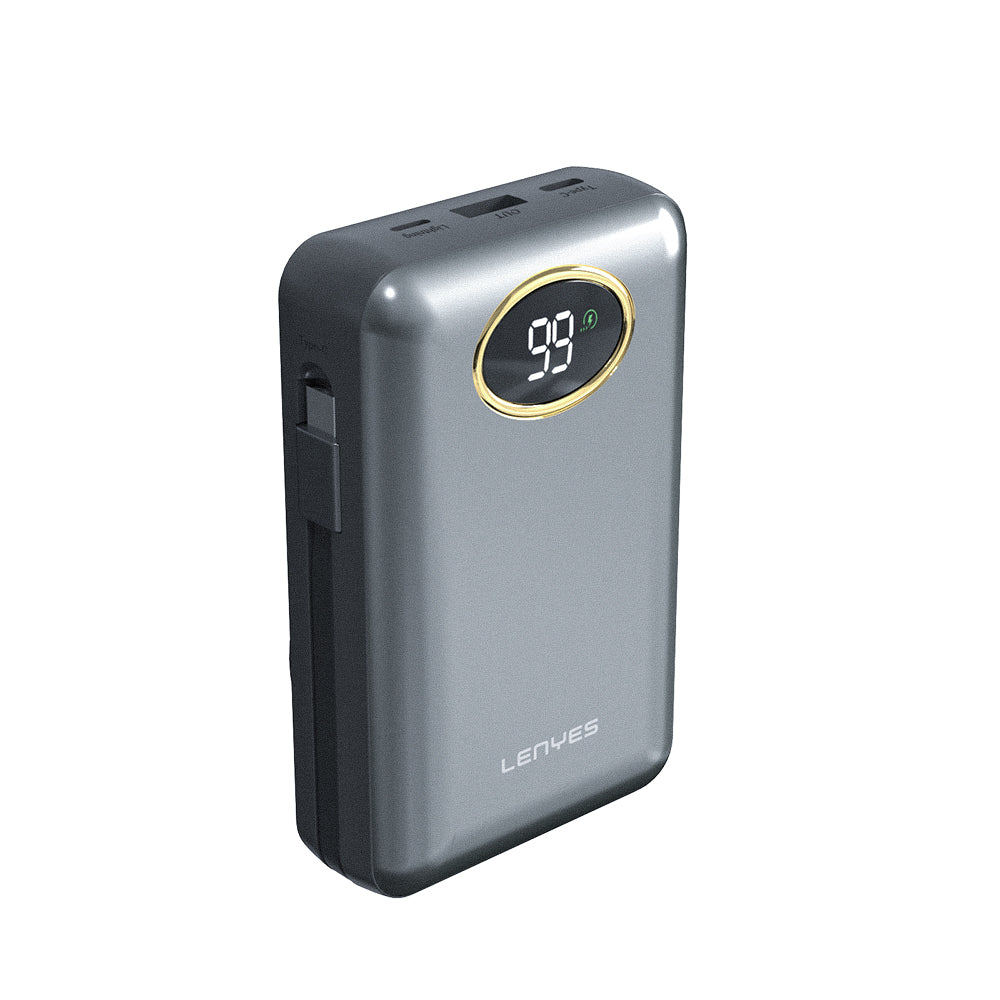 Lenyes PW222D Dijital LED Göstergeli Kablosuz Şarj Özellikli Type-C ve Lightning Kablolu Powerbank 18W 20.000mAh Siyah