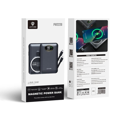 Lenyes PW222D Dijital LED Göstergeli Kablosuz Şarj Özellikli Type-C ve Lightning Kablolu Powerbank 18W 20.000mAh Siyah