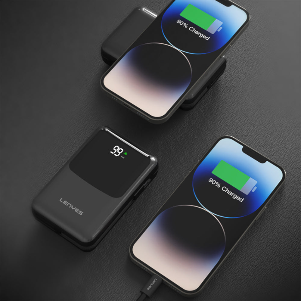 Lenyes PW223D Dijital LED Göstergeli Kablosuz Şarj Özellikli Type-C ve Lightning Kablolu Powerbank 22.5W 20.000mAh Siyah