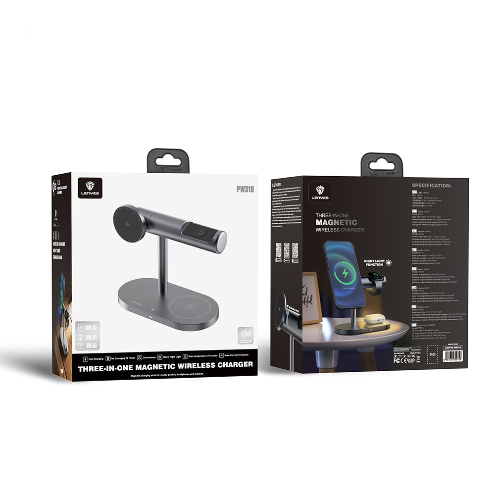 Lenyes PW319 Qi2 Şarj Teknolojili Ambiyans Işıklı Telefon&Akıllı Saat&Kulaklık 15W 3in1 Kablosuz Şarj Standı Gri