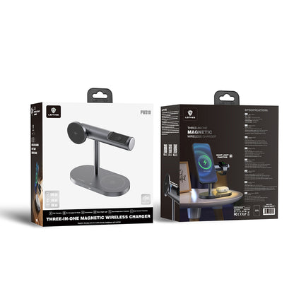 Lenyes PW319 Qi2 Şarj Teknolojili Ambiyans Işıklı Telefon&Akıllı Saat&Kulaklık 15W 3in1 Kablosuz Şarj Standı Gri