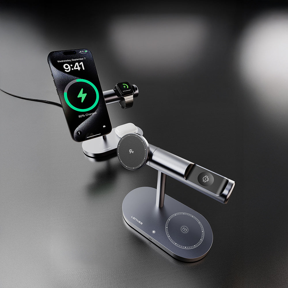 Lenyes PW319 Qi2 Şarj Teknolojili Ambiyans Işıklı Telefon&Akıllı Saat&Kulaklık 15W 3in1 Kablosuz Şarj Standı Gri