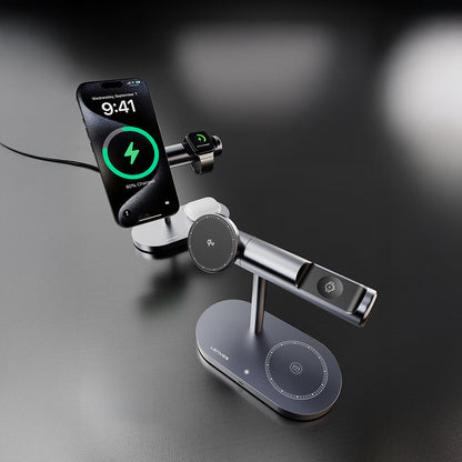 Lenyes PW319 Qi2 Şarj Teknolojili Ambiyans Işıklı Telefon&Akıllı Saat&Kulaklık 15W 3in1 Kablosuz Şarj Standı Gri