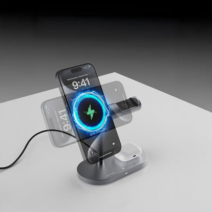 Lenyes PW319 Qi2 Şarj Teknolojili Ambiyans Işıklı Telefon&Akıllı Saat&Kulaklık 15W 3in1 Kablosuz Şarj Standı Gri