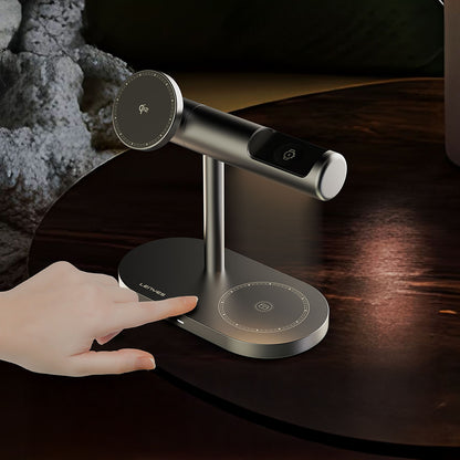 Lenyes PW319 Qi2 Şarj Teknolojili Ambiyans Işıklı Telefon&Akıllı Saat&Kulaklık 15W 3in1 Kablosuz Şarj Standı Gri