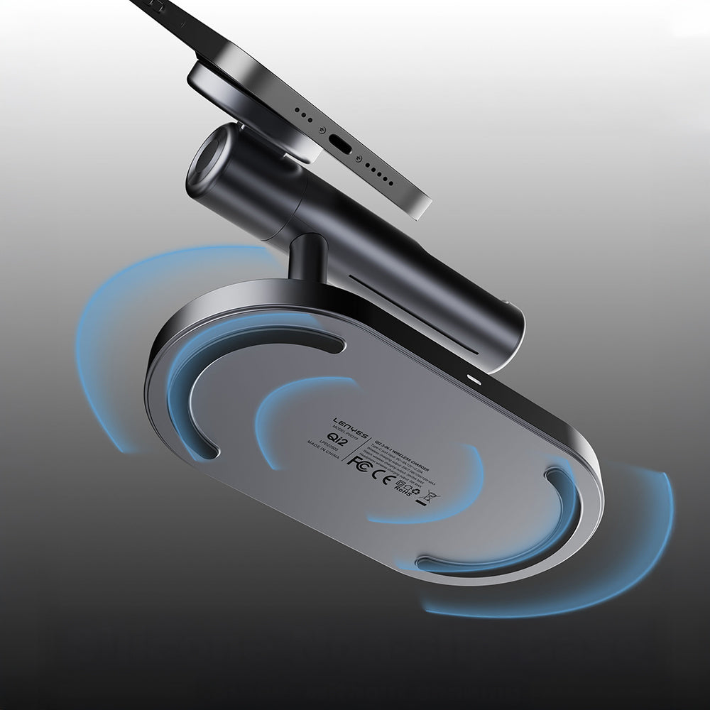 Lenyes PW319 Qi2 Şarj Teknolojili Ambiyans Işıklı Telefon&Akıllı Saat&Kulaklık 15W 3in1 Kablosuz Şarj Standı Gri