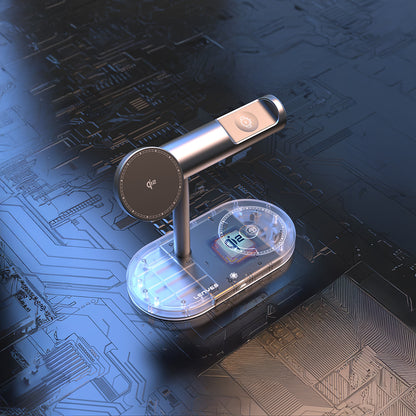 Lenyes PW319 Qi2 Şarj Teknolojili Ambiyans Işıklı Telefon&Akıllı Saat&Kulaklık 15W 3in1 Kablosuz Şarj Standı Gri