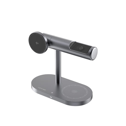 Lenyes PW319 Qi2 Şarj Teknolojili Ambiyans Işıklı Telefon&Akıllı Saat&Kulaklık 15W 3in1 Kablosuz Şarj Standı Gri