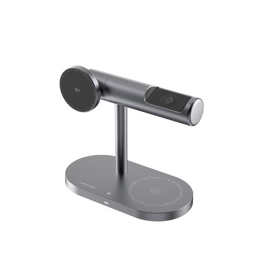 Lenyes PW319 Qi2 Şarj Teknolojili Ambiyans Işıklı Telefon&Akıllı Saat&Kulaklık 15W 3in1 Kablosuz Şarj Standı Gri