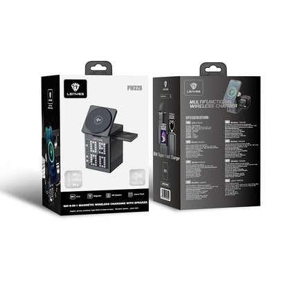 Lenyes PW320 Qi2 Şarj Teknolojili Alarmlı Bluetooth Speaker Özellikli Telefon&Akıllı Saat&Kulaklık 15W 6in1 Kablosuz Şarj Standı Gri