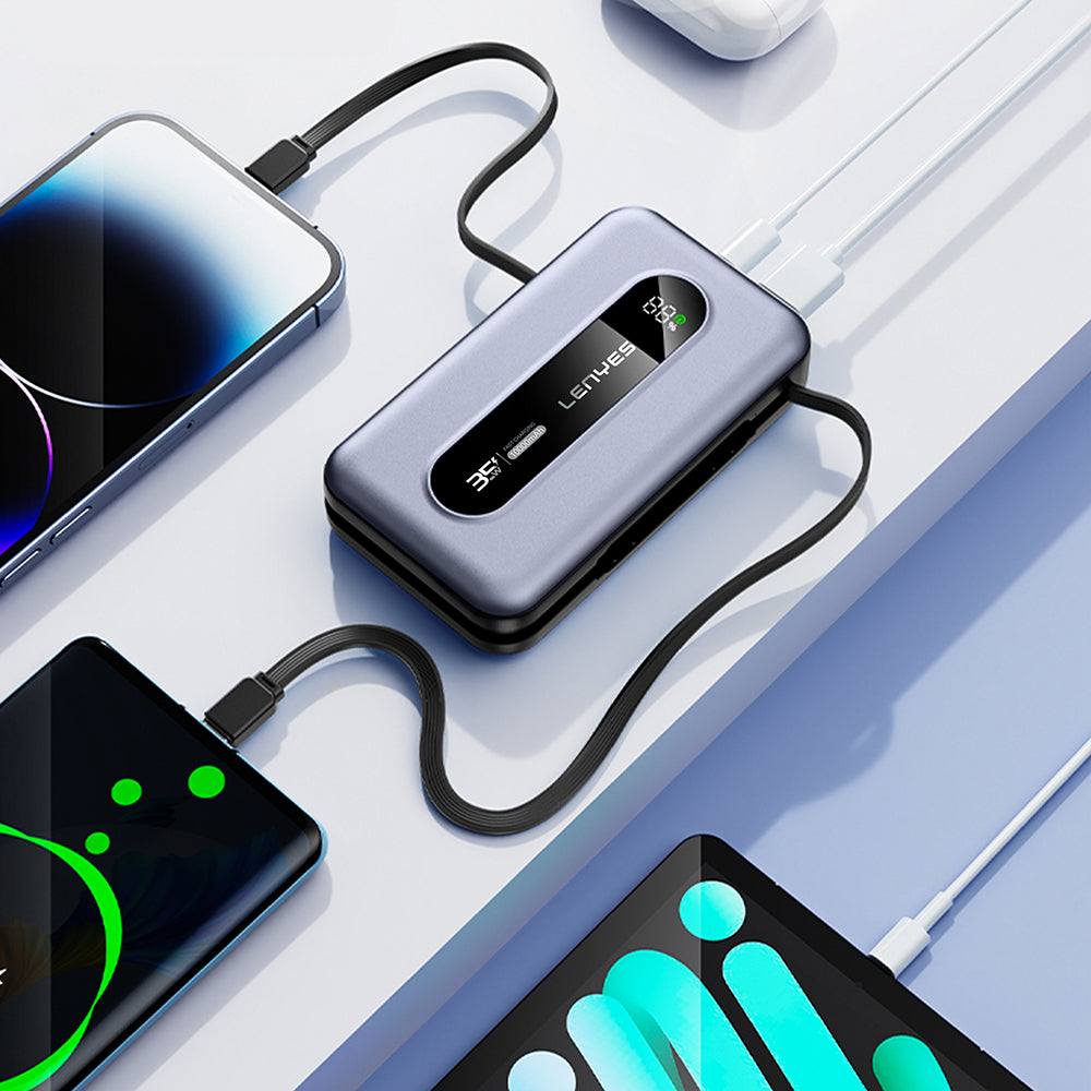 Lenyes PX1002D Dijital LED Göstergeli Teleskopik Type-C ve Lightning Kablolu Powerbank 35W 10.000mAh Gri