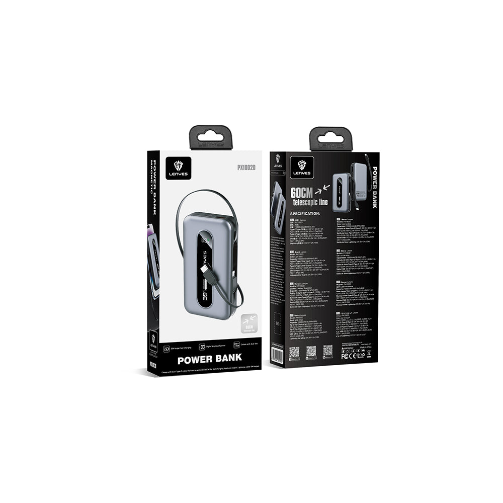 Lenyes PX1002D Dijital LED Göstergeli Teleskopik Type-C ve Lightning Kablolu Powerbank 35W 10.000mAh Gri