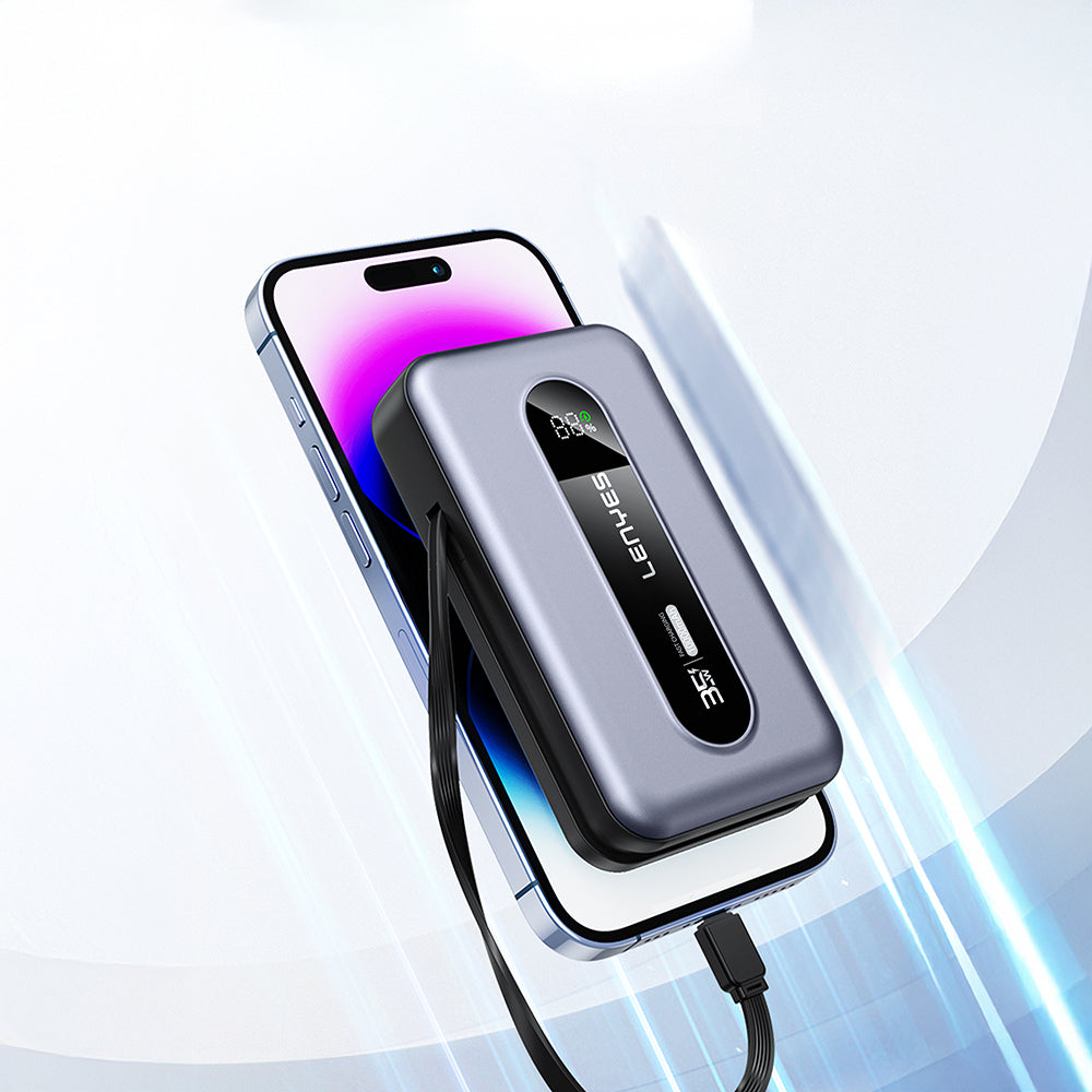 Lenyes PX1002D Dijital LED Göstergeli Teleskopik Type-C ve Lightning Kablolu Powerbank 35W 10.000mAh Gri