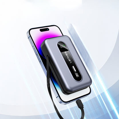 Lenyes PX1002D Dijital LED Göstergeli Teleskopik Type-C ve Lightning Kablolu Powerbank 35W 10.000mAh Gri