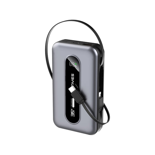 Lenyes PX1002D Dijital LED Göstergeli Teleskopik Type-C ve Lightning Kablolu Powerbank 35W 10.000mAh Gri