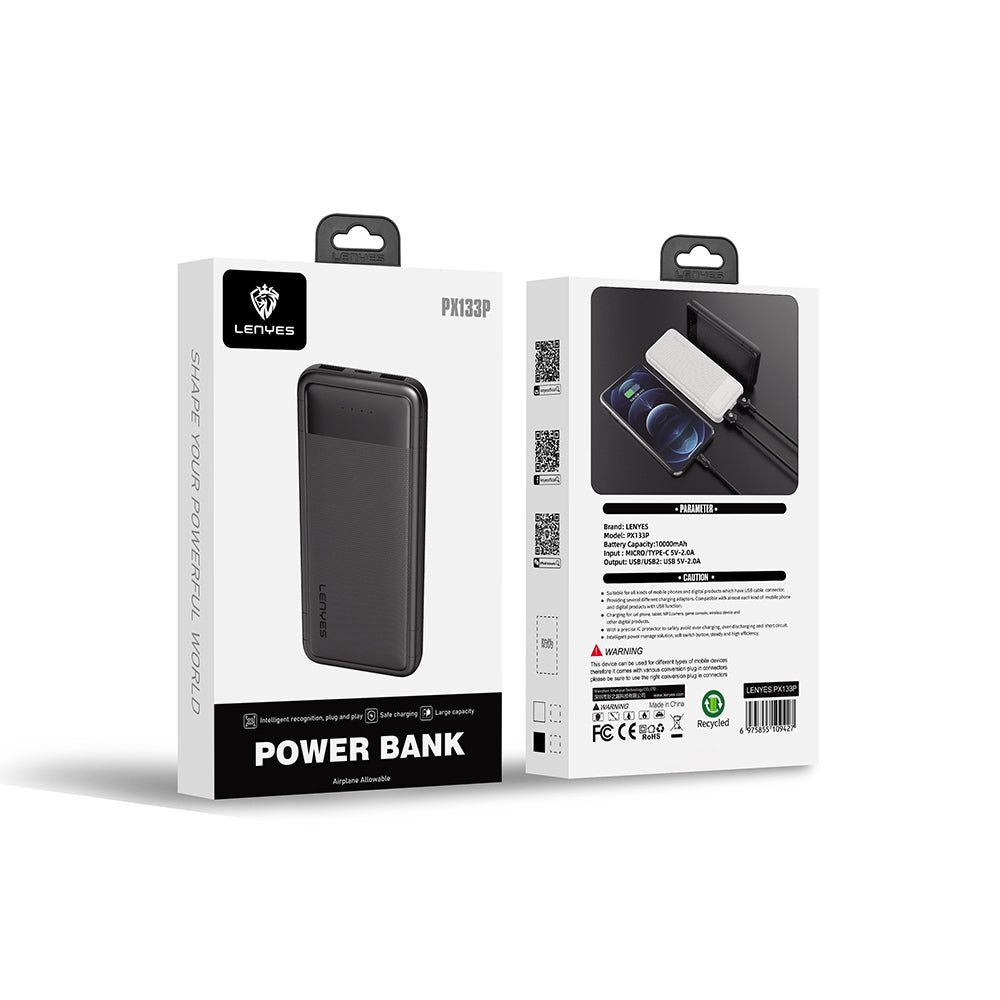 Lenyes PX133P Led Işık Göstergeli Taşınabilir Powerbank 10W 10000mAh Siyah