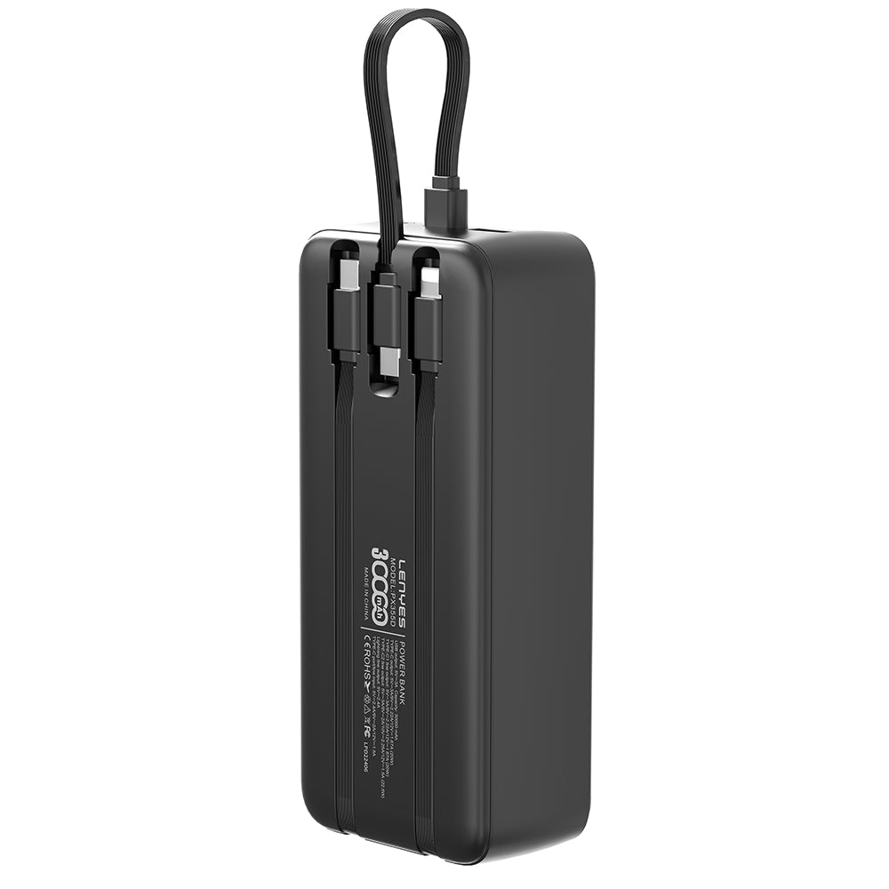 Lenyes PX355D Dijital LED Ekranlı Type-C ve Lightning Kablolu Powerbank 22.5W 30.000mAh Siyah