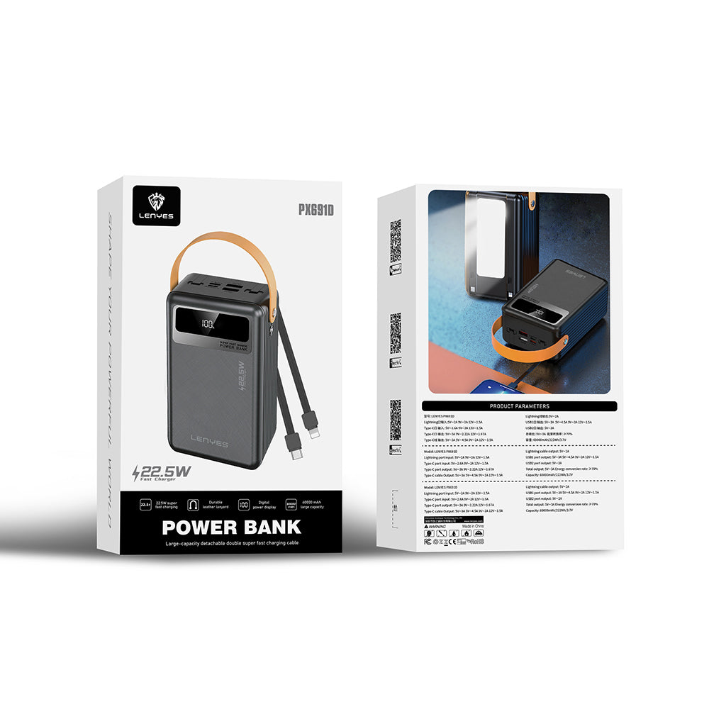 Lenyes PX691D LED Göstergeli Taşınabilir Askılı Powerbank 22.5W 60.000mAh Siyah
