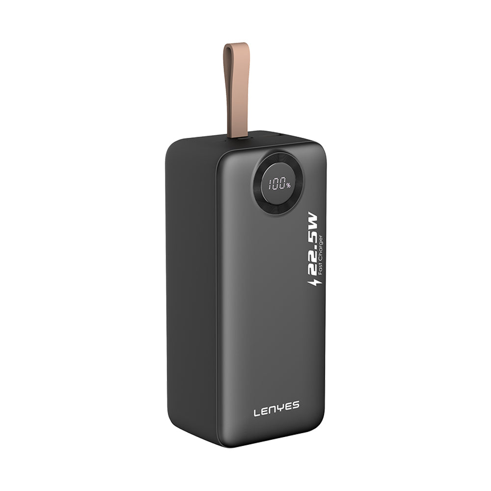 Lenyes PXD487D Dijital LED Göstergeli Type-C ve Lightning Kablolu Askılı Powerbank 22.5W 40.000mAh Siyah