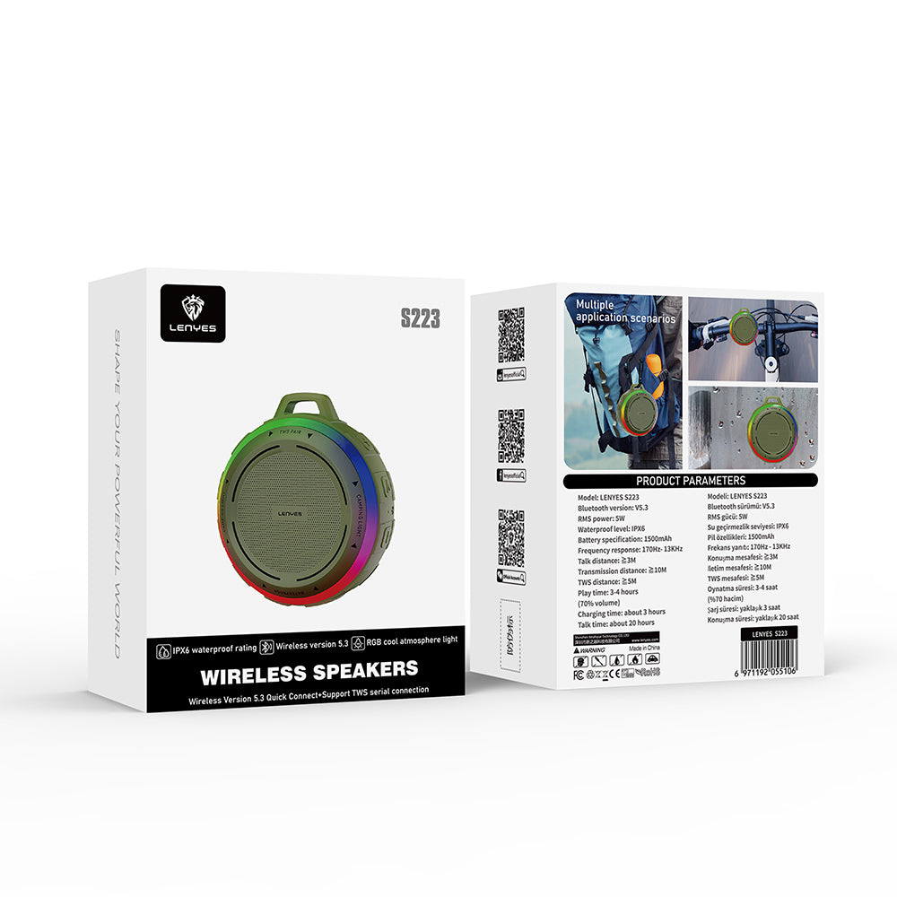 Lenyes S223 RGB Işıklı Askı Aparatlı Mini Bluetooth Speaker Hoparlör v5.3 Sarı