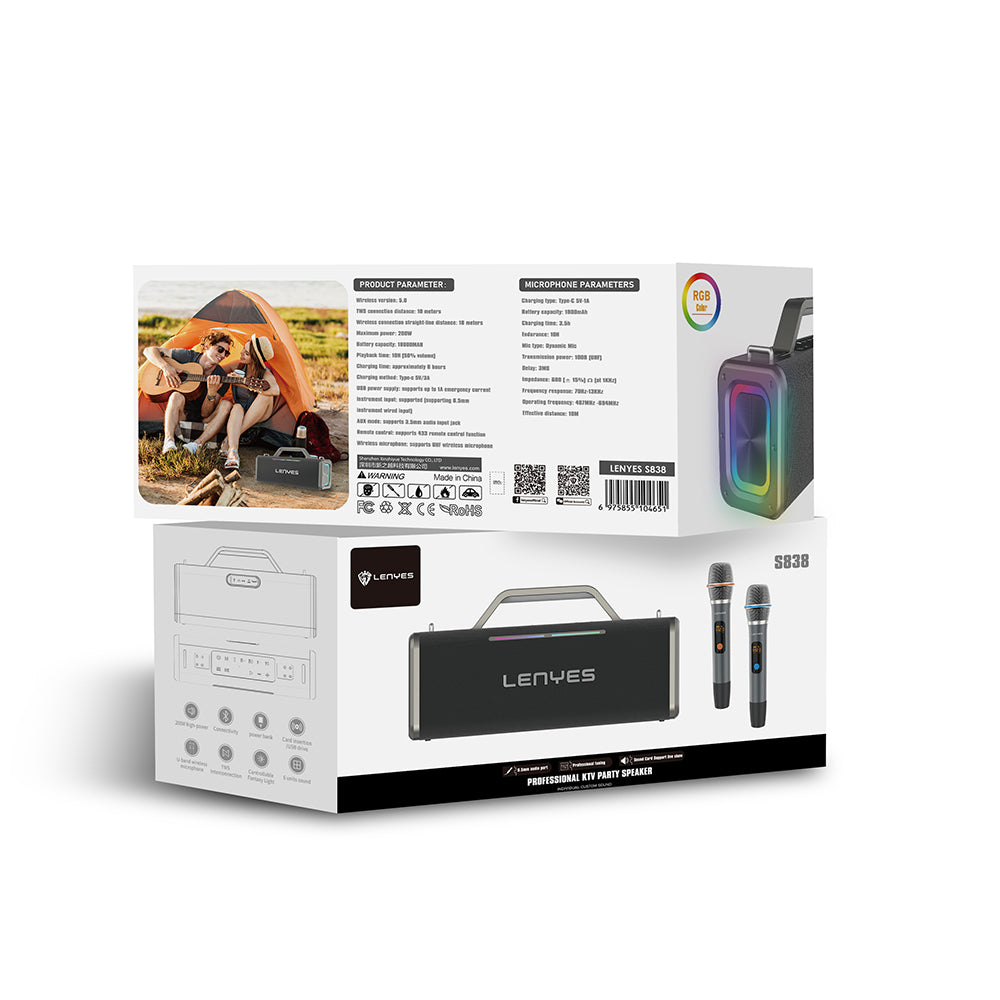 Lenyes S838 RGB Işıklı Taşınabilir Çift Mikrofonlu TWS Bluetooth Speaker Hoparlör v5.0 Siyah