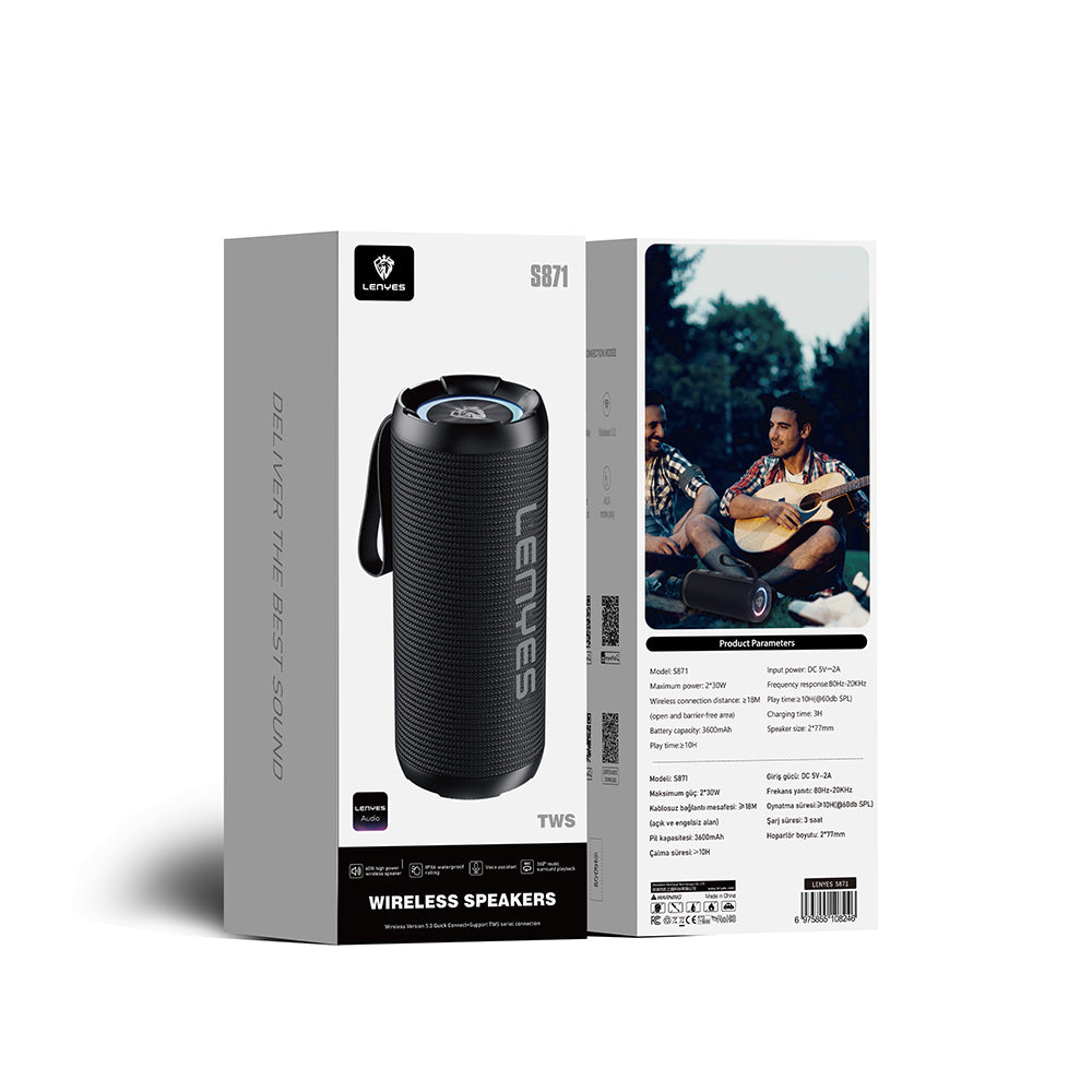 Lenyes S871 RGB Işıklı Taşınabilir Su Geçirmez TWS Bluetooth Hoparlör Siyah