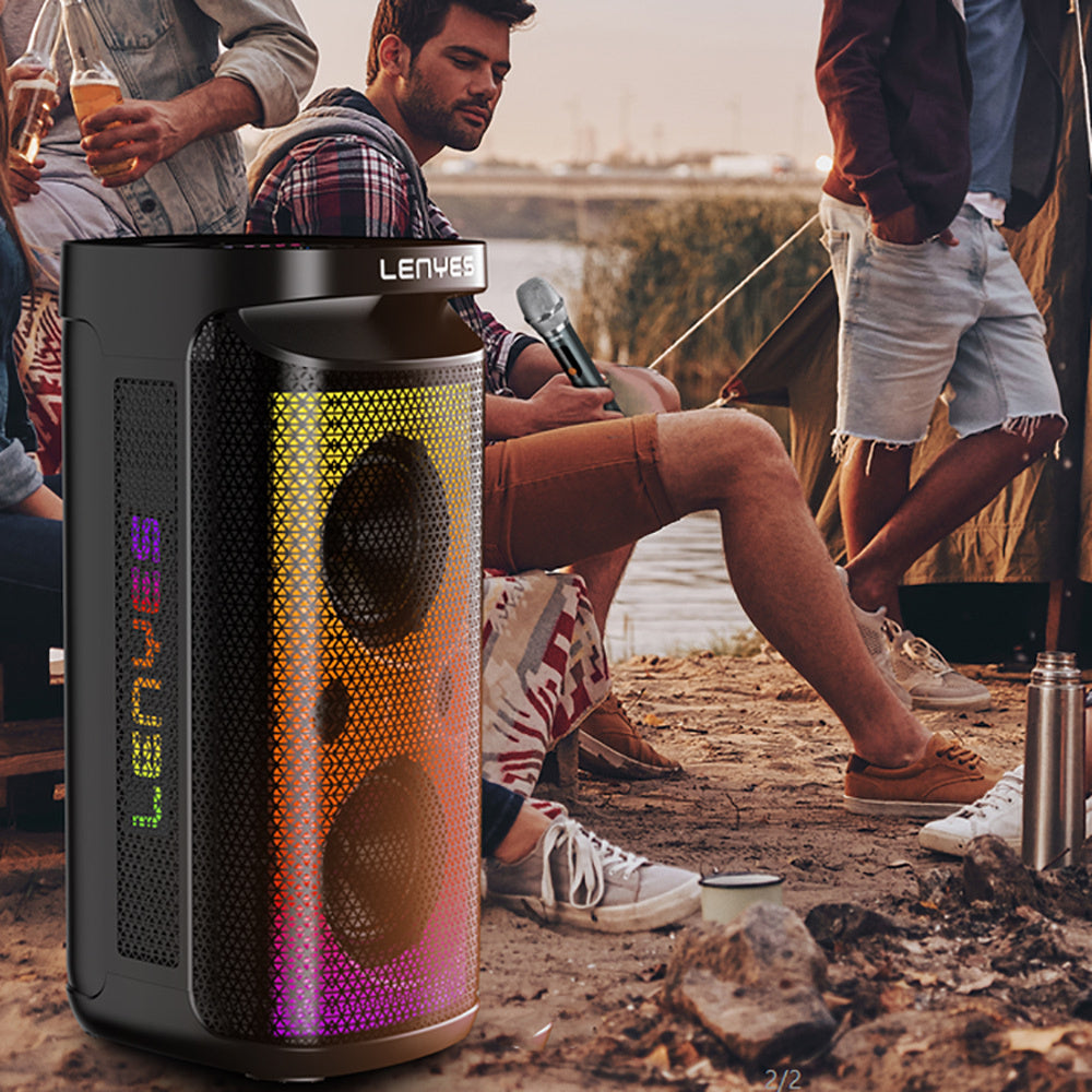 Lenyes S883 Su Geçirmez Tekerlekli Mikrofonlu Çoklu Giriş RGB Işıklı TWS Karaoke FM Bluetooth Hoparlör v5.3 360W Siyah