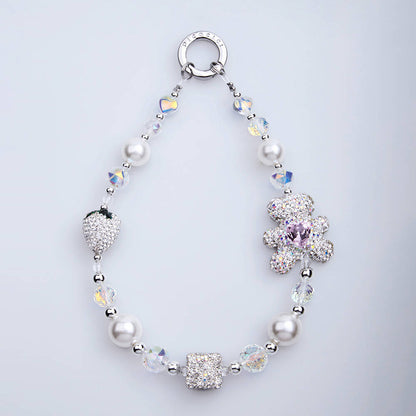 Picocici Elmas Taşlı Çilek ve Elmas Taşlı Ayı Telefon Bilek Askı İpi Beyaz