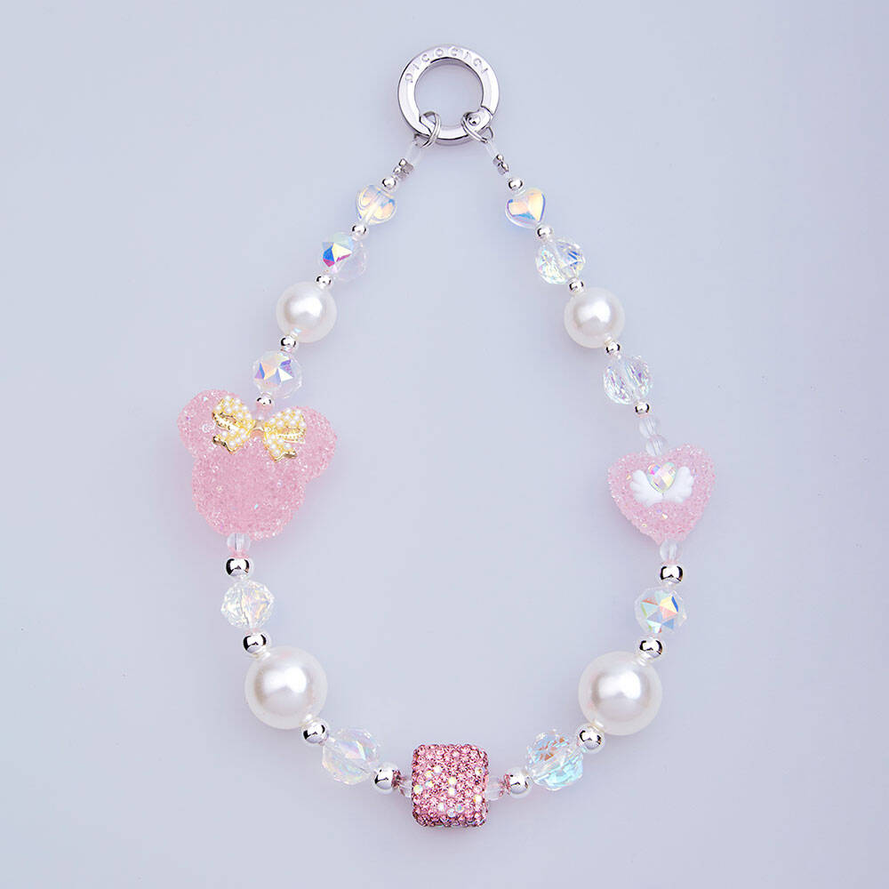 Picocici İnci Taş Tasarımlı Fiyonklu Minnie Mouse Telefon Bilek Askı İpi Pembe